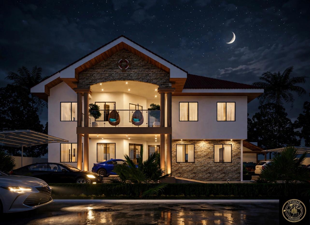 Two-storey residence at night in Lashibi