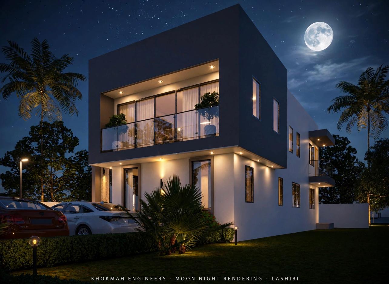 Contemporary residence with a bold angular facade at night